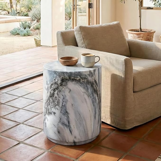 24/7 Shop at Home Ranera Modern 14-inch Natural Stone Side Table with Round Drum Base, Marble Nightstand, Patio End Table, for Living Room, Covered Outdoor Spaces, Balcony, Blue Gray Marble