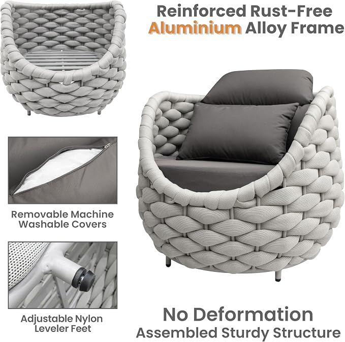 Front Porch Furniture Set 3 Piece: Aluminum Woven Rope Patio Conversation Sofa Set for 2 - Assembled Outdoor Deck Couch Armchair Set Cushions - for 400lb Balcony Pool Yard Bistro Hotel - Gray