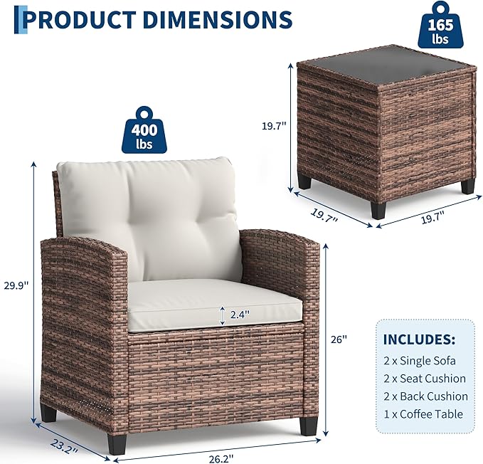 IDEALHOUSE 3 Piece Outside Patio Furniture Set, Outdoor Wicker Chair Conversation Set with Glass Coffee Table, PE Rattan Patio Furniture for Backyard, Porch, Patio, Poolside