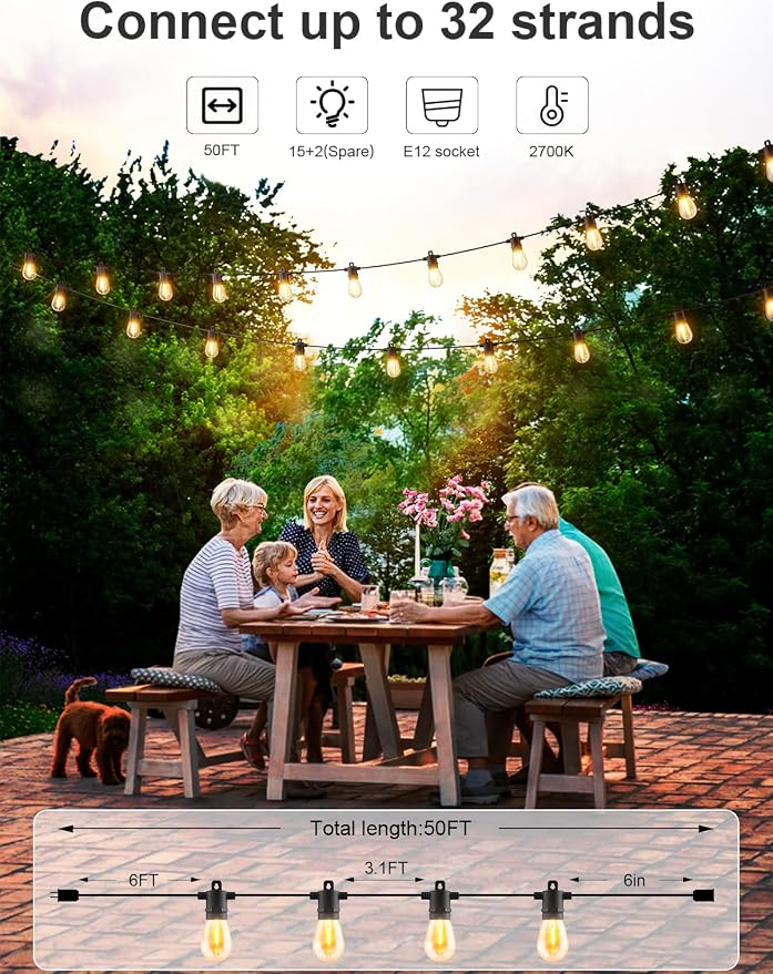 Svater Outdoor String Lights LED 50 FT, LED Patio Light Waterproof IP65 | Dimmable S14 E12 Shatterproof Bulbs,Hanging Lighting for Bistro Cafe Porch Outside Party, ETL-Listed, Warm White