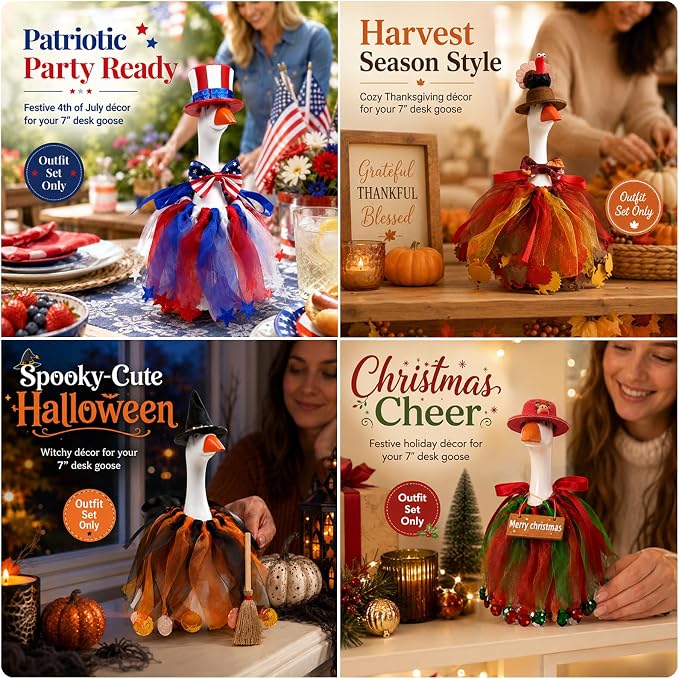 8Set Holiday Outfits for Desk Goose Statue, Seasonal Costumes for 7" Mini Goose, Festival Accessories for Mardi Gras, Valentine's, St. Patrick's, Easter, 4th of July, Thanksgiving, Halloween&Christmas