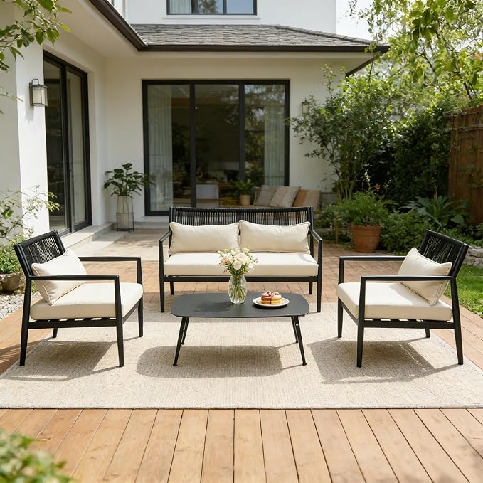 Outdoor Patio Furniture Set, 4 Seats Outdoor Sectional with Coffee Table, Patio Conversation Sets with PE Rope, Outdoor Sectional Sofa with Thick Cushions for Balcony, Porch (Black)