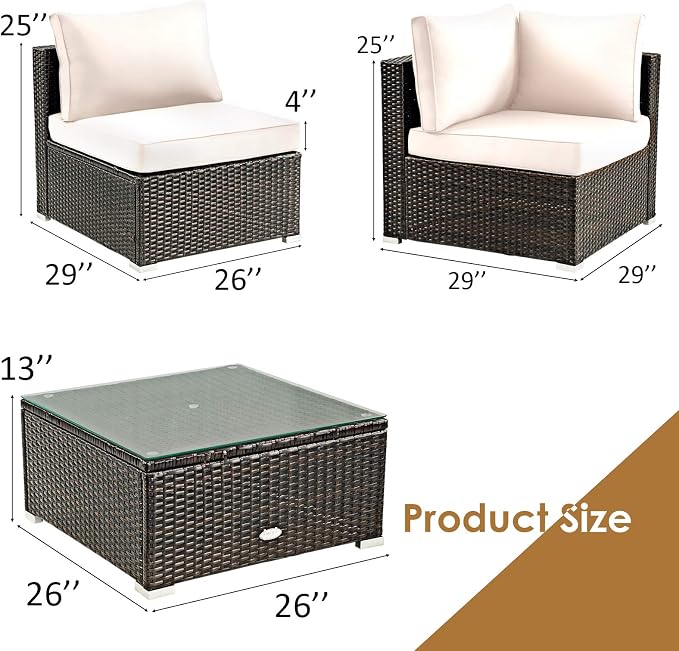 COSTWAY 5-Piece Outdoor Patio Furniture Set, PE Rattan Sofa Chairs with Cushions and Tempered Glass Coffee Table, Conversation Sofa Set for Backyard Garden (White)