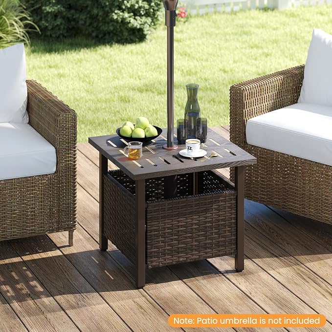 RELAX4LIFE Wicker Outdoor Side Table - Rattan Square Patio End Table with 1.93” Umbrella Hole & Rustproof Frame, Outside Umbrella Stand for Garden Deck Porch Balcony Poolside Backyard