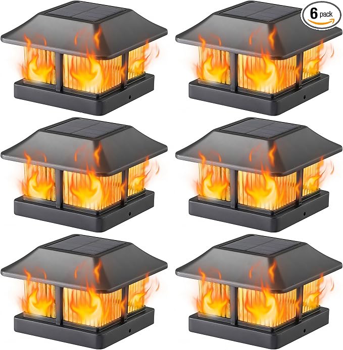 Dynaming Solar Flame Post Cap Lights Outdoor, Solar Powered Fence Post Light, Flickering Flame LED Lantern Lamps Waterproof for Garden Deck Patio, Fit 4x4 Wooden/Vinyl Posts, 6 Pack