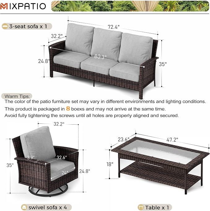 MIXPATIO 6-Piece Wicker Patio Furniture Set with Swivel Chairs, High Back Outdoor Sofa with 5.5-inch Thick Cushion, All-Weather Wicker Patio Conversation Set for Deck Yard Pool, Grey