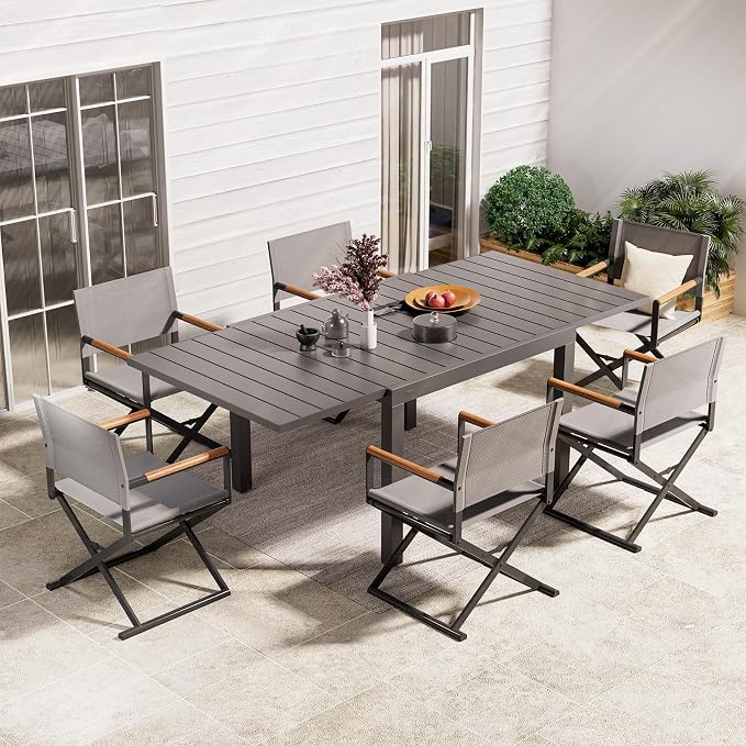 Grand patio 7-Piece Outdoor Dining Set, 6 Extra-Wide Folding Chairs & 1 Rectangle Expandable Table, Sling Mesh Patio Chairs with Wood Grain Table for Yard, Poolside, Deck, Gray