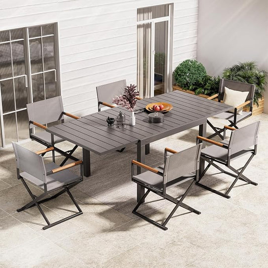 Grand patio 7-Piece Outdoor Dining Set, 6 Extra-Wide Folding Chairs & 1 Rectangle Expandable Table, Sling Mesh Patio Chairs with Wood Grain Table for Yard, Poolside, Deck, Gray