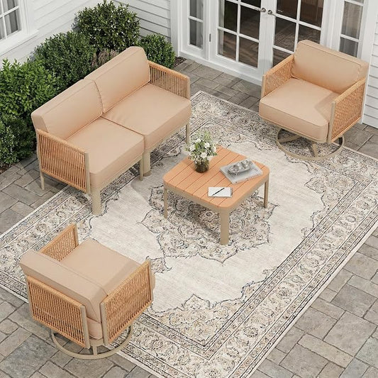 EROMMY 4 Piece Patio Furniture Set, Metal Frame Outdoor Swivel Glider Rocking Chairs with 6" Thick Cushions, Loveseat & Coffee Table, Patio Conversation Sets for Backyard, Poolside & Balcony, Beige