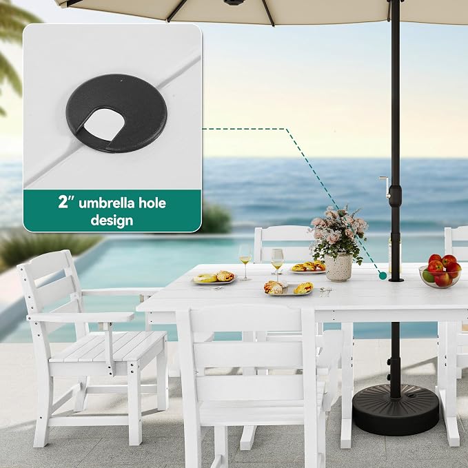 YITAHOME 8-Piece Patio Dining Set with 13ft Double-Sided Umbrella, Outdoor Rectangular Table and 6 Chairs, 71"x38" All-Weather HIPS Furniture Set for Garden, Deck, Lawn - White