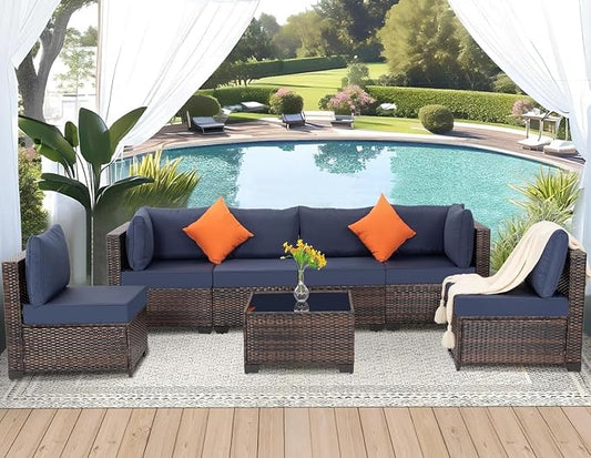 7 Piece Outdoor Patio Furniture Set with Wicker Sectional Couch, Rattan Sofa and Thick Cushions, Patio Conversation Sets with Coffee Table for Garden, Balcony, Backyard Lounge Seating(Blue)