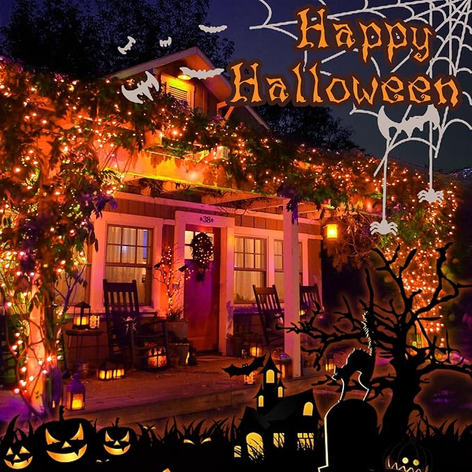 Orange Halloween String Lights Outdoor 100LED Battery Operated Fairy Lights with Waterproof Remote Timer for Garden Party Holiday Thanksgiving Day Halloween Décor