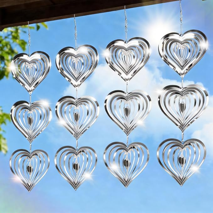 Bird Deterrents for Outside, 12 Discs Stainless Steel 3D Wind Spinners Garden Decor, 4 Sets Reflective Bird Scare Devices to Keep Woodpeckers, Pigeons Away from Patio, Balcony, Porch, Deck
