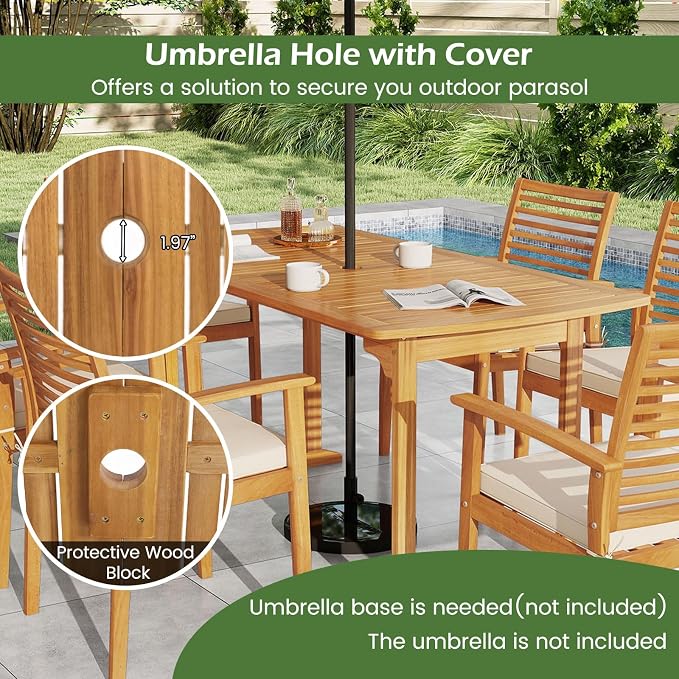 Tangkula 63-Inch Acacia Wood Outdoor Dining Table, 4-6 People Large Patio Table with Umbrella Hole & Slatted Tabletop, Rectangular Outside Table for Backyard, Garden, Porch, Deck