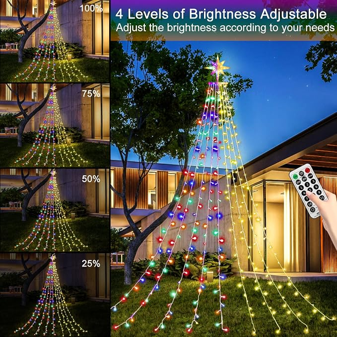 Christmas Decorations, Outdoor Christmas Lights, 320 LED Outdoor Christmas Tree String Lights with 12" Star Toppers [8 Modes& Waterproof] for Xmas New Year Holiday Decor (Dipper Warm+Multi)