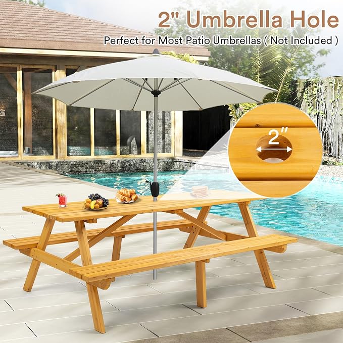 Zevemomo 8 Person Wood Picnic Table, Rectangle Tabletop with Umbrella Hole, 2 Built-in Long Benches, 2220LBS Total Capacity for Gardens, Yards, Pale Wood