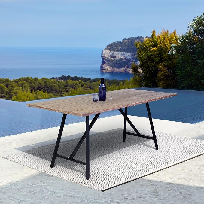 Armen Living Koala Outdoor Patio Light Eucalyptus Wood and Metal Rectangle Dining Table