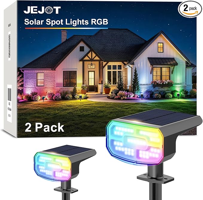 JEJOT Solar Spot Lights Outdoor Waterproof,2 Pack,8 Lighting Modes Solar Spotlights, Solar Lights for Yard Garden Lawn Landscape,Multicolor