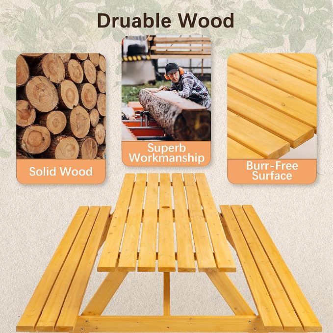 8-Person Picnic Table with 2 Built-In Benches & Umbrella Hole, Wooden Picnic Tables for Outdoors, Patio, Backyard, Garden, 75" x 50.2" x 27.6", 2220lb Capacity (Rectangular, Natural, 8-Person)