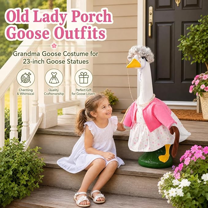 Old Lady Porch Goose Outfits with Floral Dress for 23" Cement Goose Statues