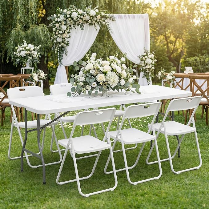 6 FT Folding Table Set with 6 White Plastic Folding Chairs, Heavy Duty Fold-in-Half Utility Table Sets for Picnic, Event, Training, Outdoor Activities, at Home and Commercial Use
