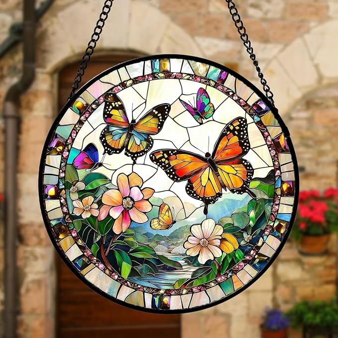 DASTOLL Stained Glass Window Hanging, Butterflies Flying in The Sky Suncatcher for Doors Home Sun Catchers Decoration and Christmas, Mother's Day Birthday Gifts for Women, Men, and Mom 14.9x14.9 in