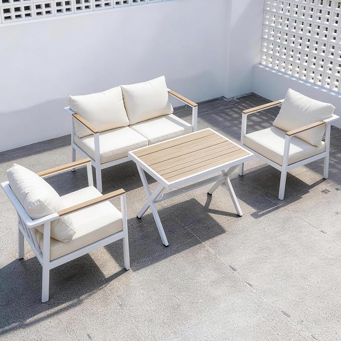 Aluminum Patio Sectional Furniture Set,4 piece Patio Conversation Sets Outdoor Patio Furniture Set Sofa with Coffee Table & Washable Cushions White