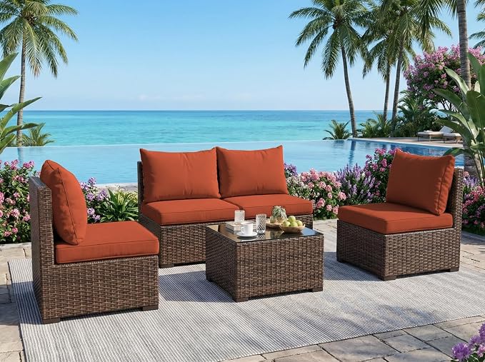 5 Pieces Patio Furniture Set with Glass Table, Outdoor PE Rattan Sectional Sofa with Soft Cushions for Backyard, Porch, and Poolside (Red, 5 PCS w/Table)