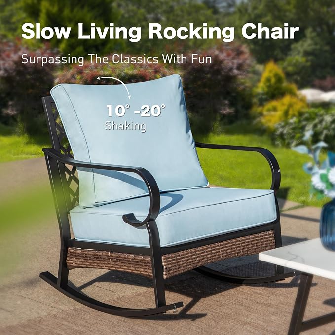 SUNSHINE VALLEY 4 Piece Metal Outdoor Patio Furniture Sets, Patio Conversation Sets 1 Loveseat, 2 Rocking Sofa with 5.75" Extra Thick Cushion and Coffee Table, Balck Frame Backyard Furniture, Blue