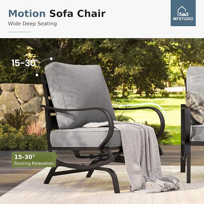 MFSTUDIO 4 Piece Patio Conversation Sets, All Weather Metal Frame Outdoor Furniture Set Patio Sofas with 1 x 45 Rectangular Fire Pit Table, 1 x 3-Seat Sofa, 2 x Rocking Chairs, Grey Cushion