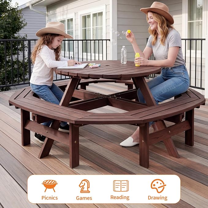 Garvee 8 Person Wooden Picnic Table, Outdoor Picnic Tables with 4 Built-in Benches, Circular Camping Dining Table and Chairs Set with Umbrella Hole for Garden, Patio, Backyard, Walnut Brown
