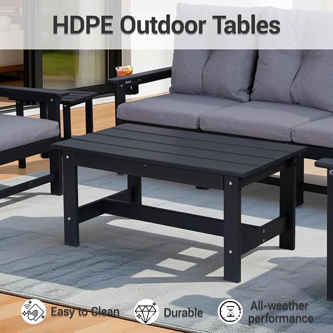 7-Piece HDPE Patio Conversation Set w/ 4 Cup Holders, All-Weather Outdoor Sectional Furniture, Thick Washable Cushions, Coffee Table & Side Table for Backyard Porch Poolside, Black