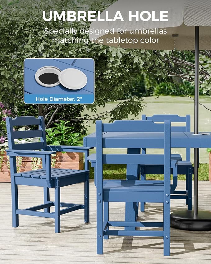 WACASA 7-Piece HDPE Outdoor Dining Set for 6, All-Weather Outside Dining Table and 6 Chairs with Umbrella Hole, Steel-Reinforced Patio Furniture, Blue