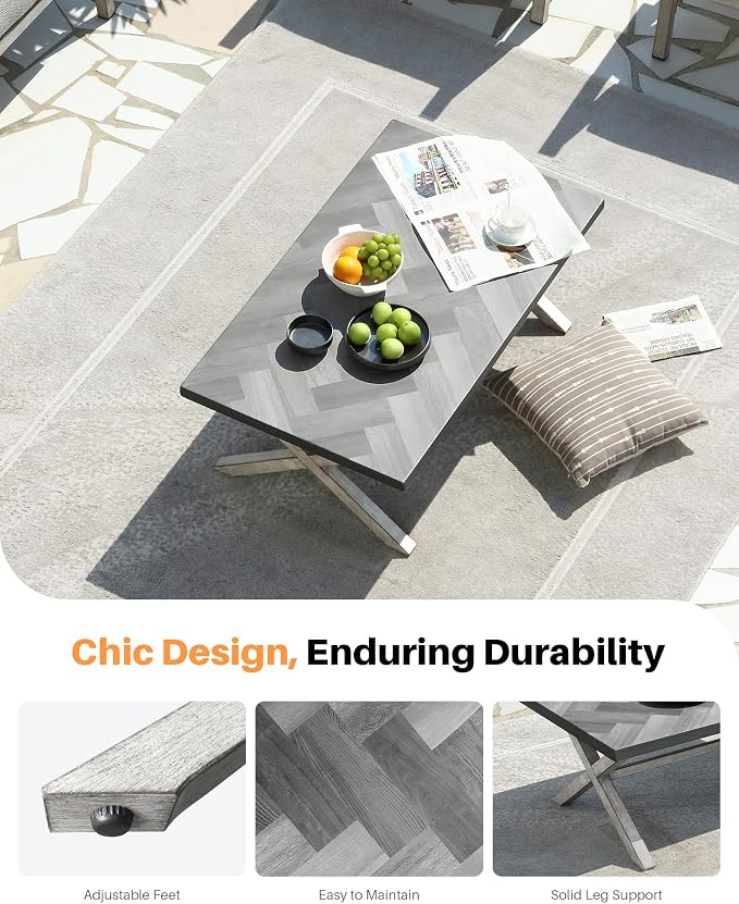 Aluminum Outdoor Coffee Table, Never Rusts Rectangle Patio Coffee Table with Resin Tabletop, Aluminum Outdoor Furniture Coffee Table for Patio, Poolside, Garden, Balcony, White Oak