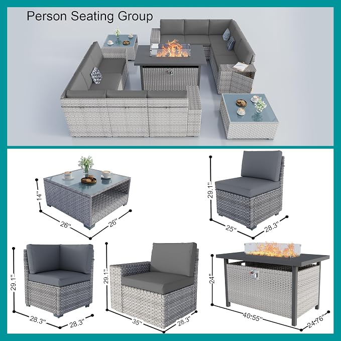 13-Piece Patio Furniture Set, Outdoor Patio Conversation Set with 60,000 BTU Fire Pit Table, PE Rattan Wicker Sectional Sofa with Large Capacity Seats, Widened Armrests, Extra High Backrest, Navy Blue