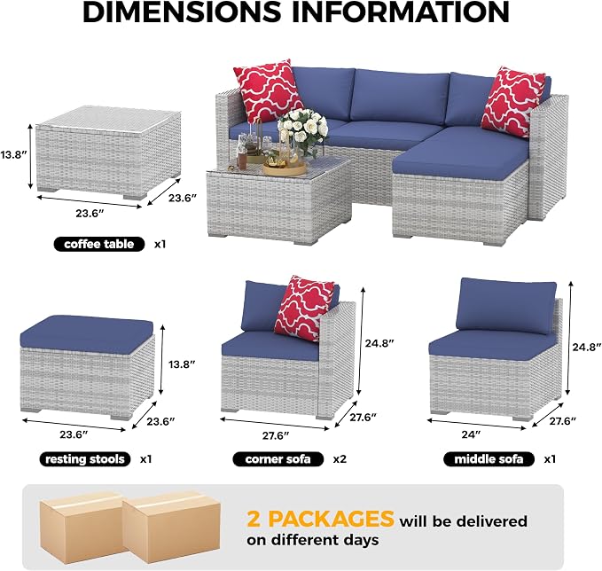 Patio Furniture Set 4 Pieces, Outdoor Patio Furniture Set with Rattan Wicker Chairs, Glass Table and Cushions for Porch, Balcony, Backyard, Garden, Poolside, Brown & Red (Grey+Blue, 5 Pieces)