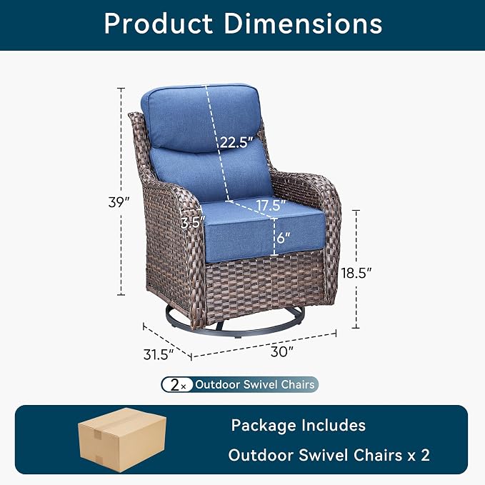 Luxury Wicker Patio Furniture Sets-High Back Outdoor Swivel Chairs Set of 2 with 6" Thick Cushions Wide Armrest All Weather Patio Conversation Sets for Deck Porch Balcony(Brown/Blue)