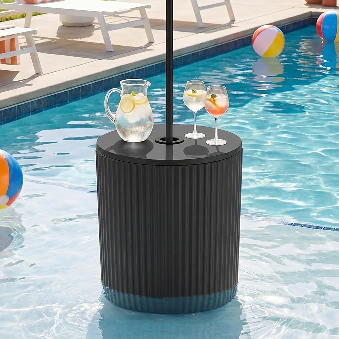 HOMPUS Umbrella Side Table, Outdoor Patio Table with Umbrella Hole, Round Patio Stand for Porch, Poolside & Garden, Composite Material, Modern Coffee End Table, Easy Assembly, Black