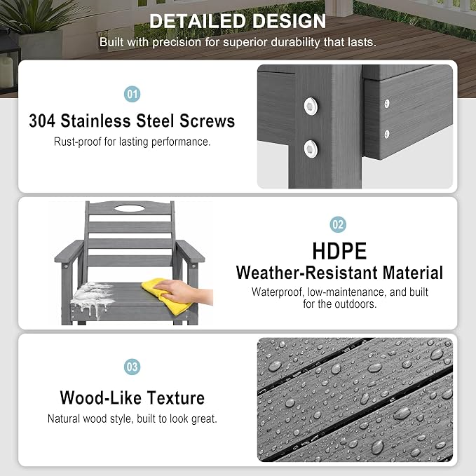 Domi HDPE Outdoor Dining Set, All-Weather 5 Piece Outdoor Dining Table Set with 2" Umbrella Hole, Outdoor Patio Dining Set for Garden, Poolside, Backyard, Deck, Grey