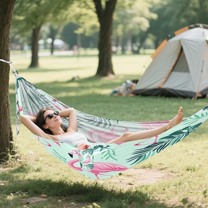 Qilmy Pink Flamingo Pattern Camping Hammock Single – 330 lbs Capacity, Lightweight with Tree Straps & Carabiners, Portable for Hiking, Travel, Backpacking