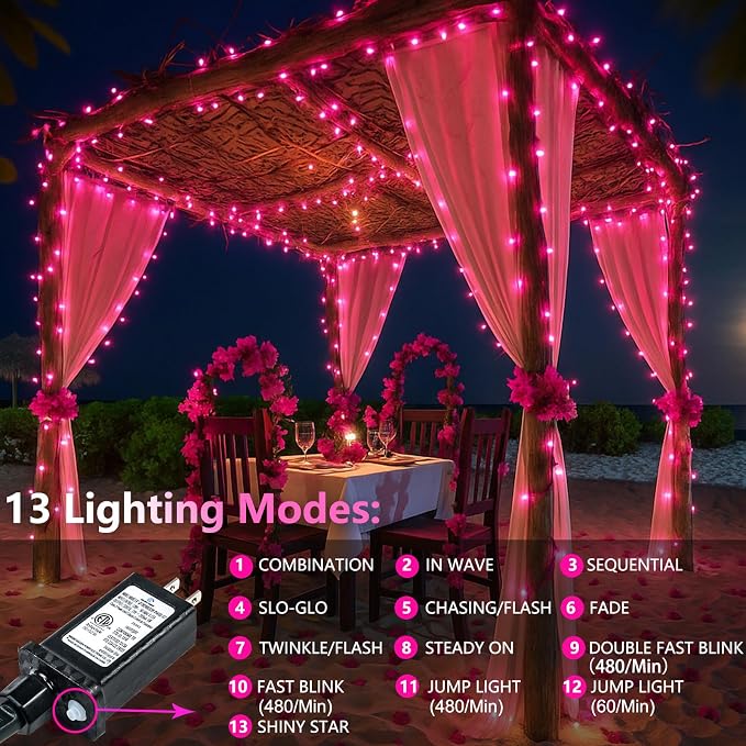 200 LED Connectable String Lights, 66FT Christmas Lights Outdoor Indoor | Pink, 13 Modes, Timer, Clear Wire Waterproof Twinkle Fairy Lights Plug in for Bedroom Classroom Patio Xmas Tree Decor