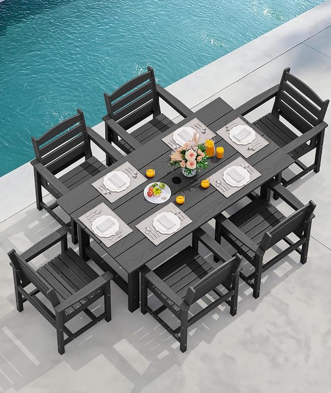 SERWALL 6 Pcs HDPE Dining Set, Includes 1 Table, 1 Bench & 4 Chairs, Black | Outdoor Dining Set with Bench, All-Weather Resistant SERWALL Dining Set for patio