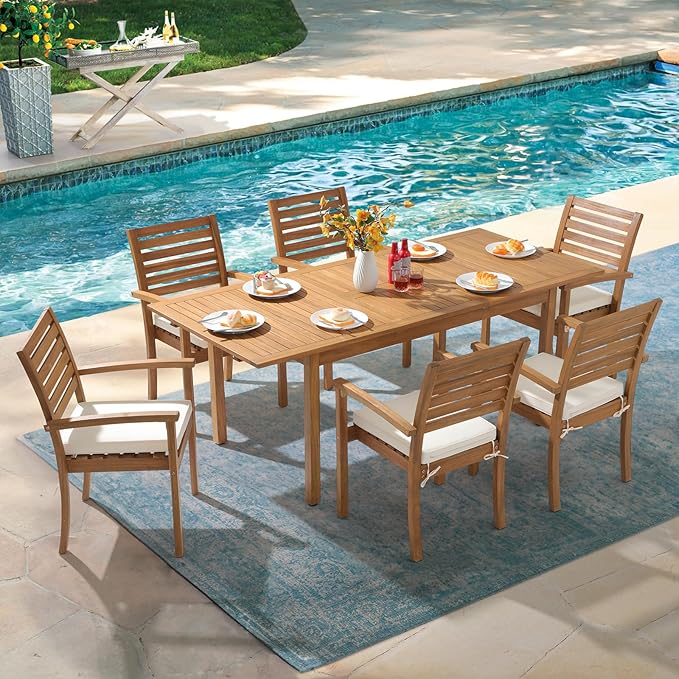 OC Orange-Casual 7 Piece Patio Dining Set, Outdoor Acacia Wood Furniture Set, Extendable Rectangular Table and 6 Stackable Chairs w/Removeable Fabric Cushion, White Cushion