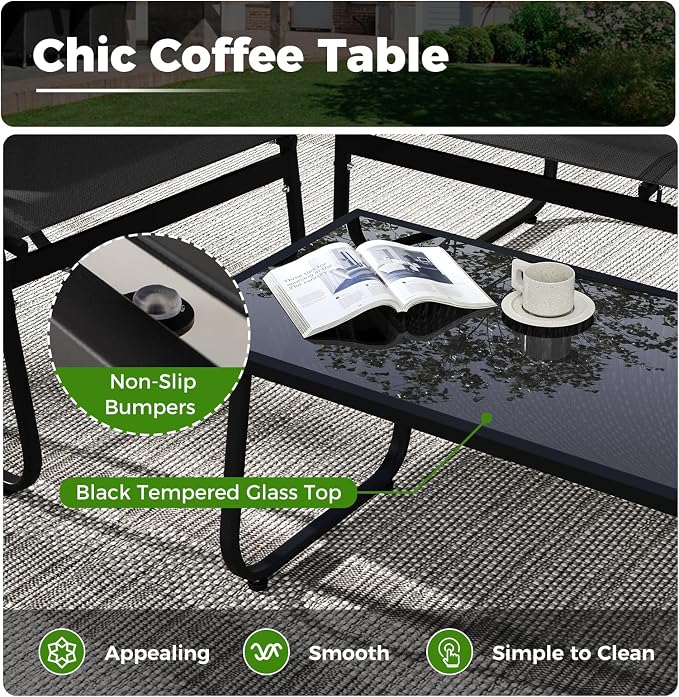 Tangkula 4 Piece Patio Furniture Set, Outdoor Metal Conversation Chair & Coffee Table Set with Mesh Seat Fabric & Tempered Glass Tabletop, Outside Bistro Set for Backyard, Porch, Poolside (Black)