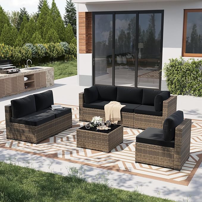 LazySunsets 7 Piece Outdoor Patio Furniture Set with Coffee Table, Outdoor Patio Furniture Sets with 4'' Thicken Cushion, Wicker Rattan Outdoor Conversation Set for Backyard, Black