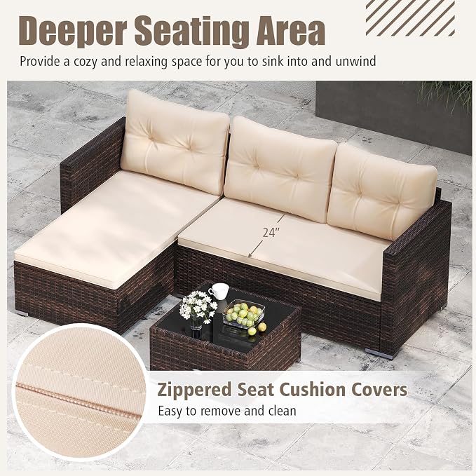 RELAX4LIFE Wicker Patio Furniture Set - PE Rattan L-Shaped Sectional Sofa Seating w/Soft Cushions, Tempered Glass Coffee Table, Outdoor Conversation Couch Set for Backyard Garden Porch Balcony