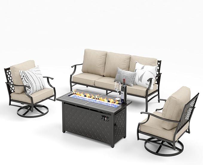 MIXPATIO Patio Furniture Set with Firepit Table, 4 Pcs Metal Outdoor Conversation Set, 2 Swivel Chairs and 3 Seater Sofa with 5.75" Extra Thick Cushion and Gas Fire Pit Table for Backyard Deck, Beige
