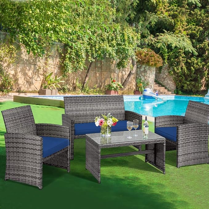 DORTALA 4 Piece Patio Furniture Set, Outdoor Wicker Conversation Set with Soft Cushions & Tempered Glass Coffee Table, Rattan Patio Sofa Bistro Sets for Courtyard Balcony, Navy