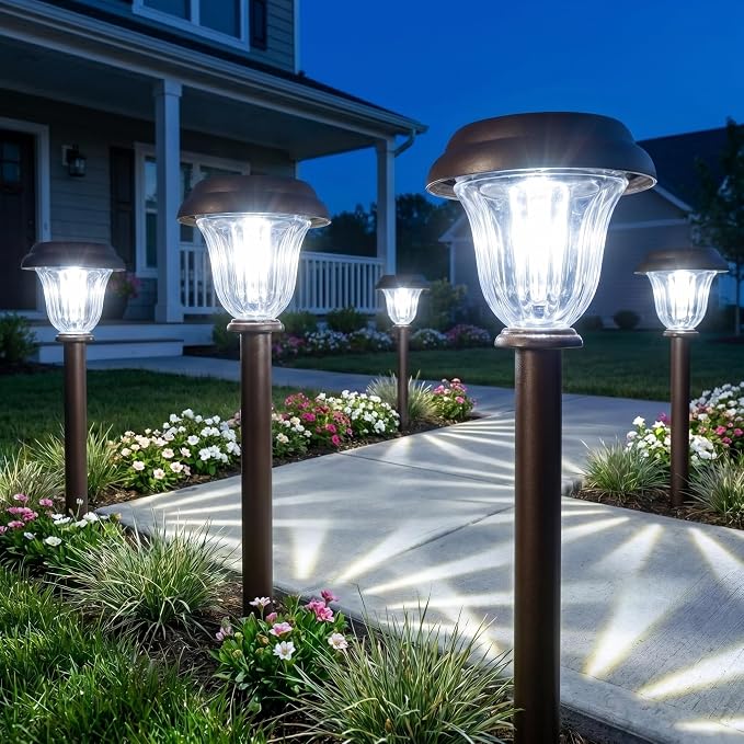 DERAYSION 8 Pack Solar Lights Outdoor Pathway, Stainless Steel Glass Solar Garden Lights, Auto On/Off Long-Lasting Waterproof Outdoor Solar Lights for Yard, Landscape, Path, Driveway, Walkway Décor