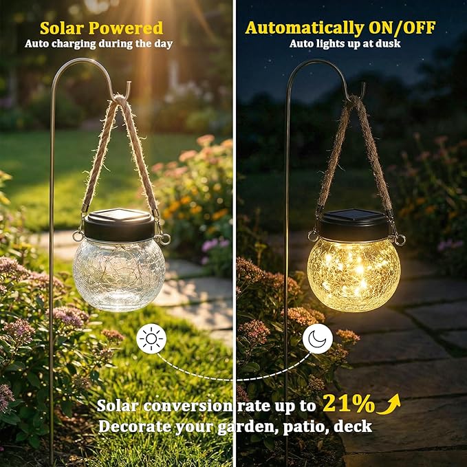 ROSHWEY 4 Pack M Size Solar Lantern Gifts for Women - Outdoor Solar Lanterns Waterproof with 15 LED Hanging Garden Patio Backyard Decor Lights for Halloween Christmas Easter Gift